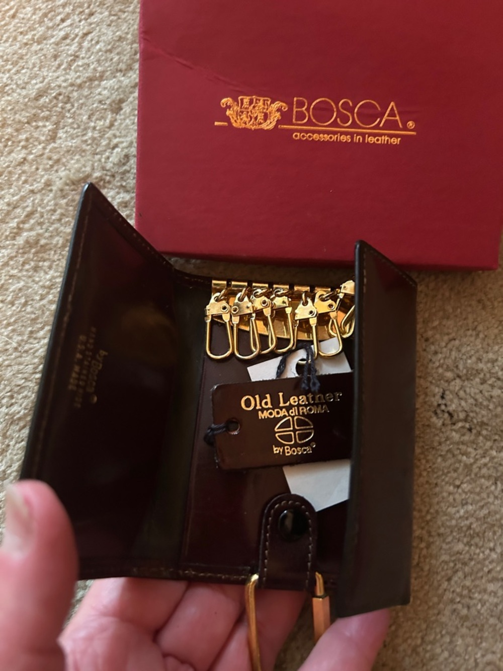 Bosca Dark Brown Leather Key & Card Holder with Gold Hardware